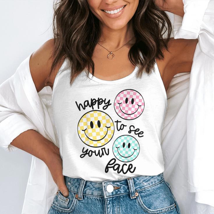 Happy To See Your Face Smile Face Teacher Back To School Flowy Tank, funny gift