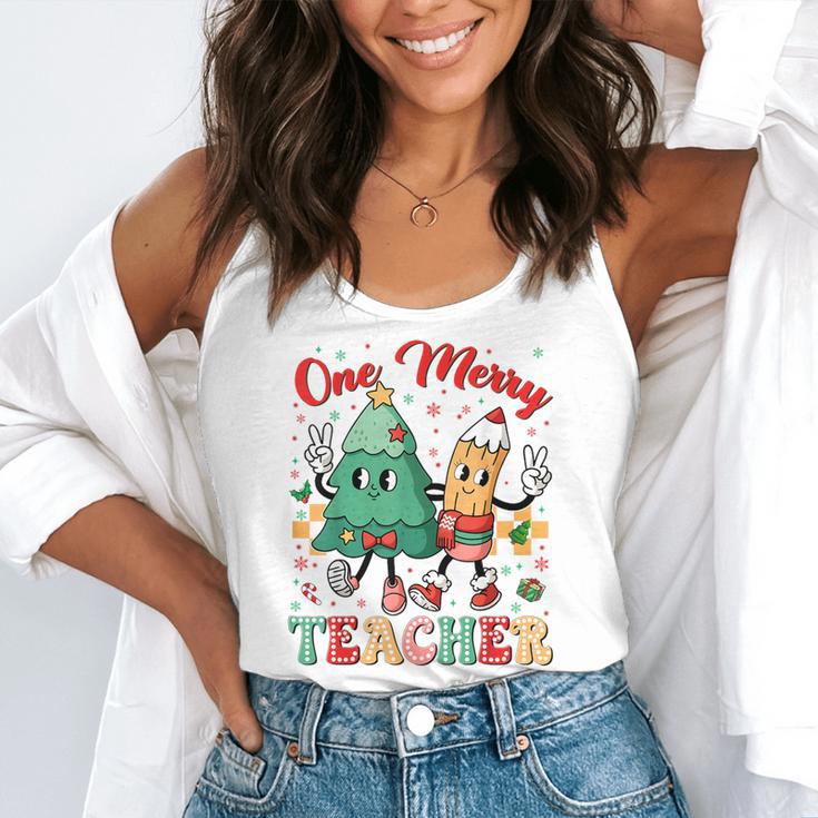 One Merry Teacher Groovy Christmas Tree Pjs Xmas Teacher Flowy Tank, funny gift