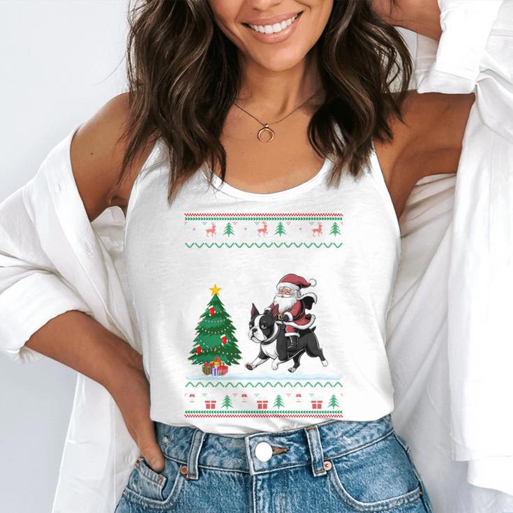 Ugly Christmas Tree Lights Xmas Santa Riding Boston Terrier Flowy Tank, funny gift