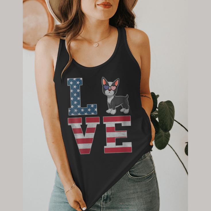 4th Of July Decor Patriotic LOVE Boston Terrier USA Flag Flowy Tank, funny design