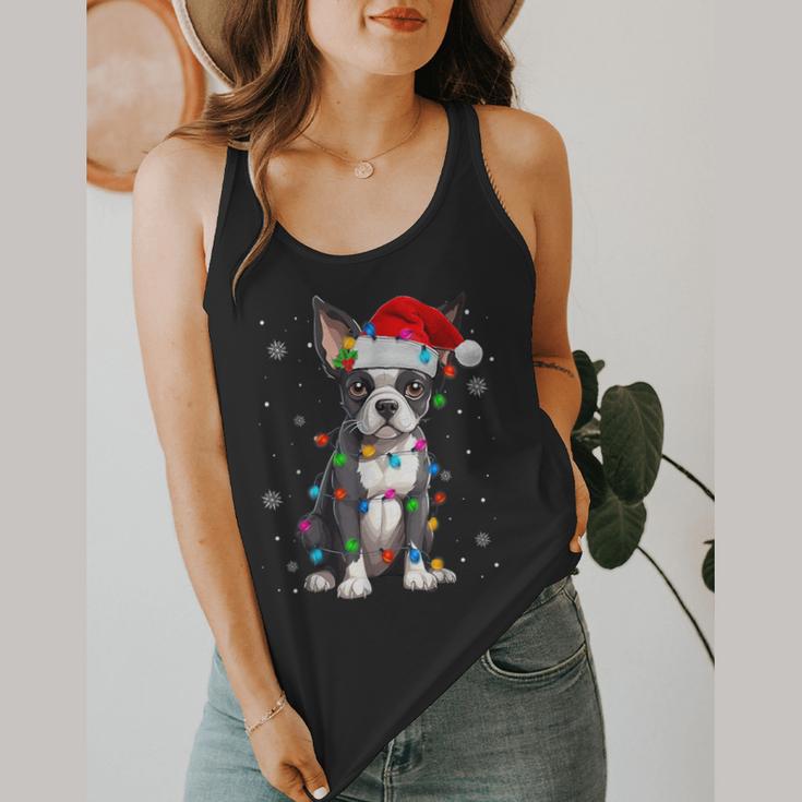 Boston Terrier Christmas Santa Hat Tree Lights Pajama Flowy Tank, funny design