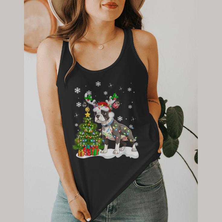 Boston Terrier Christmas Tree Lights Santa Hat Flowy Tank, funny design