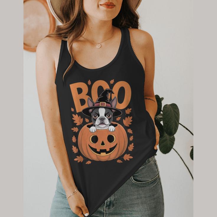 Boston Terrier Costume On Pumpkin Halloween Boston Terrier Flowy Tank, funny design
