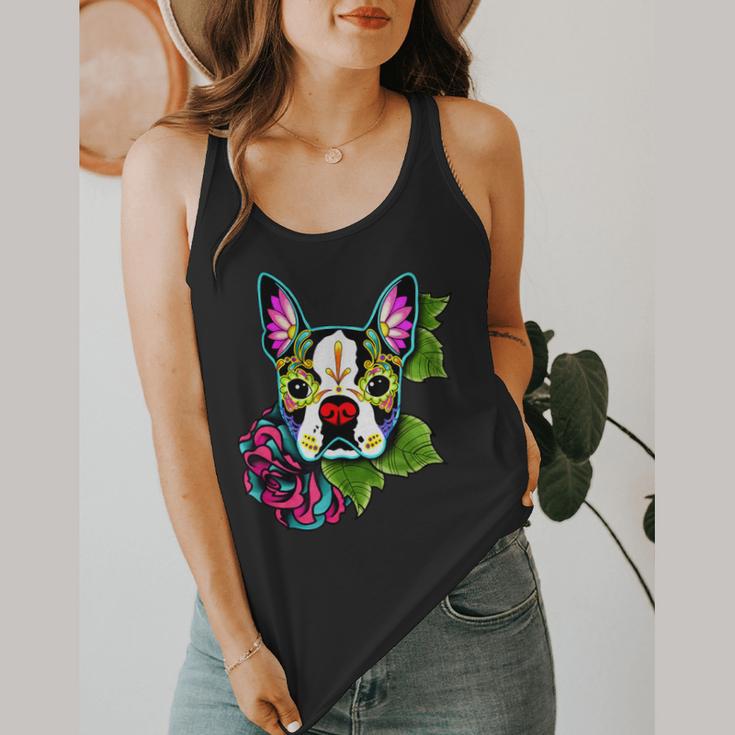 Boston Terrier In Day Of The Dead Sugar Skull Dog Flowy Tank, funny design