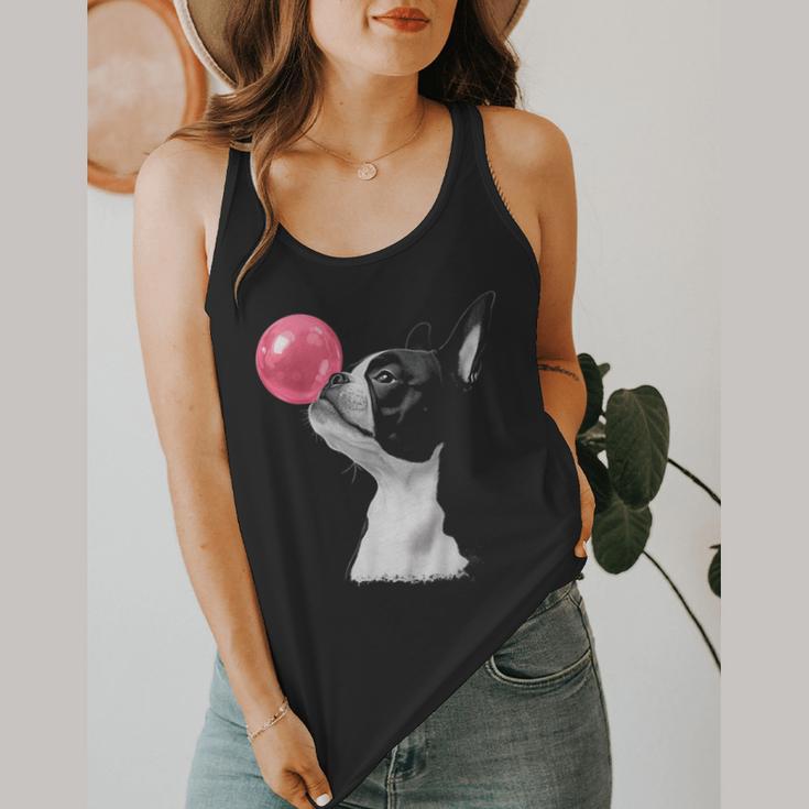 Boston Terrier Dog Blowing Chewing Bubble Gum Pink Flowy Tank, funny design