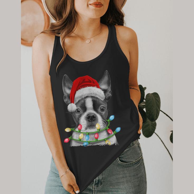 Boston Terrier Dog Santa Christmas Tree Lights Xmas Flowy Tank, funny design