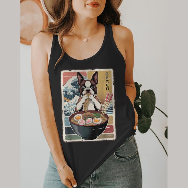Boston Terrier Ramen Noodles Japanese Art Retro Ocean Waves Flowy Tank, funny design