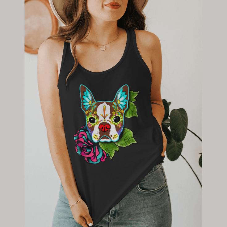 Boston Terrier In Red Day Of The Dead Sugar Skull Dog Flowy Tank, funny design