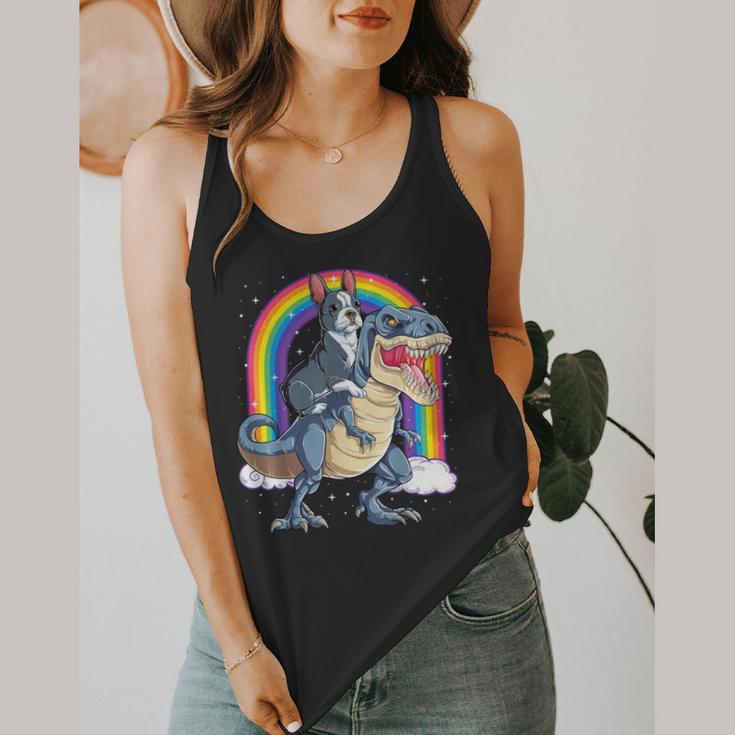 Boston Terrier Riding Dinosaur T-Rex Boys Kids Rainbow Flowy Tank, funny design