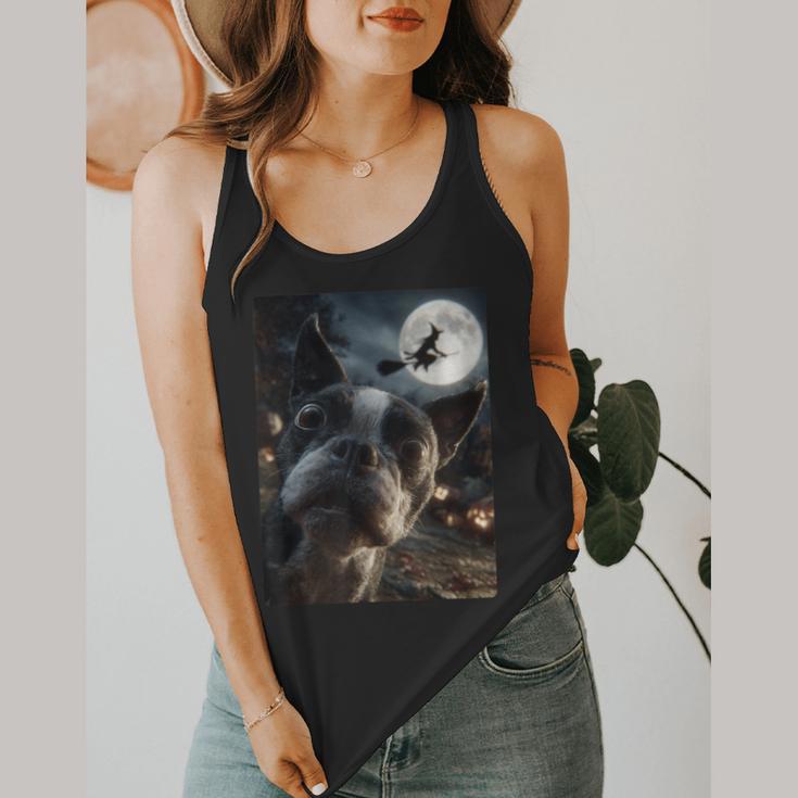 Boston Terrier Selfie Full Moon Flying Witch Halloween Dog Flowy Tank, funny design