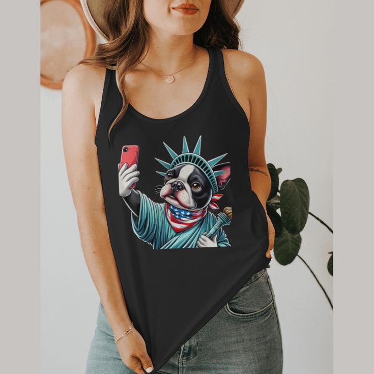 Boston Terrier Selfie Statue Of Liberty 4th Of July American Flowy Tank, funny design
