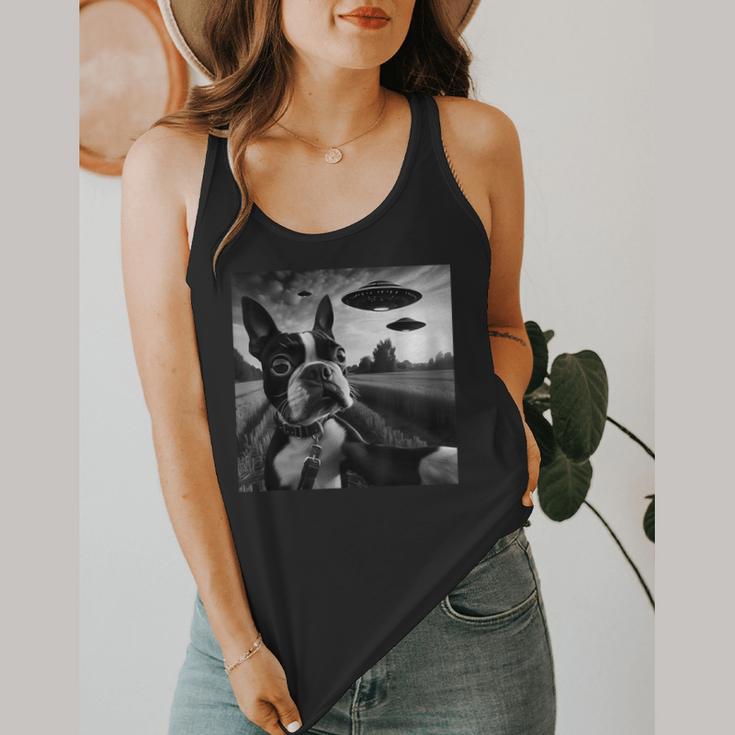 Boston Terrier Graphic Selfie With UFOs Weird Aliens Flowy Tank, funny design