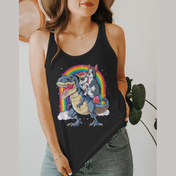 Boston Terrier Unicorn Riding Dinosaur T-Rex Girls Rainbow Flowy Tank, funny design