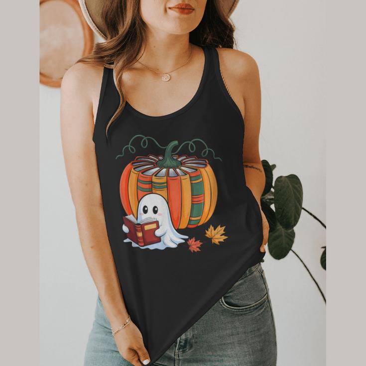 Fall Book Pumpkin Ghost Reading Books Halloween Teacher Flowy Tank, funny design