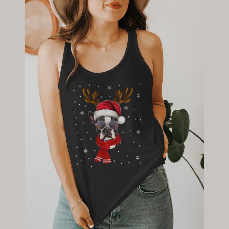Family Matching Reindeer Xmas Boston Terrier Christmas Flowy Tank, funny design