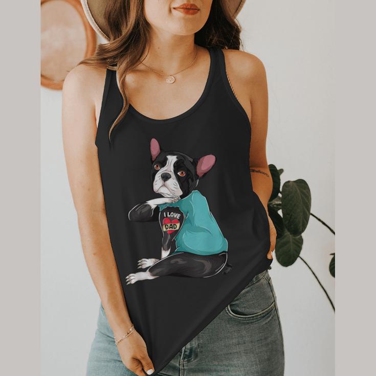Father's Day Gift Dog Dad Boston Terrier i Love Dad Tattoo Flowy Tank, funny design