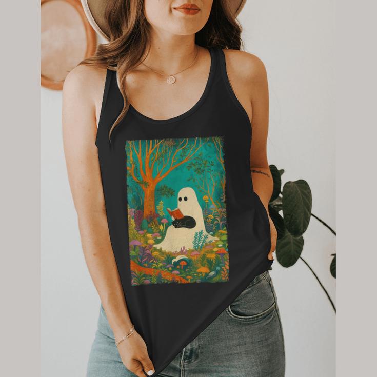 Groovy Ghost Reading Book Cat Halloween Ghost Teacher Flowy Tank, funny design Groovy Ghost Reading Book Cat Halloween Ghost Teacher Flowy Tank, funny design