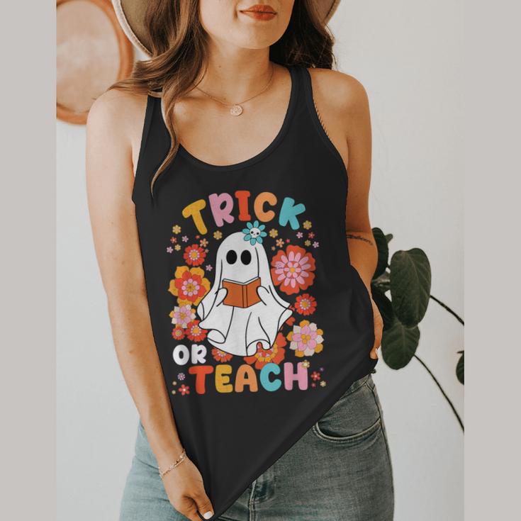 Groovy Halloween Trick Or Teach Retro Floral Ghost Teacher For Men Women Kids Flowy Tank, funny design