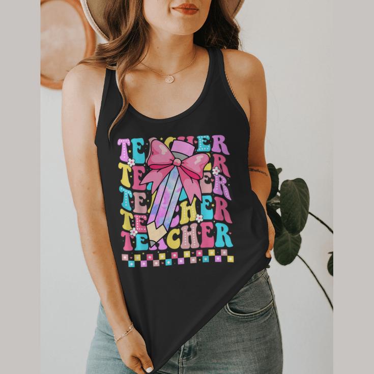 Groovy Teacher Cute Coquette Bow Flower Retro Back To School Flowy Tank, funny design Groovy Teacher Cute Coquette Bow Flower Retro Back To School Flowy Tank, funny design