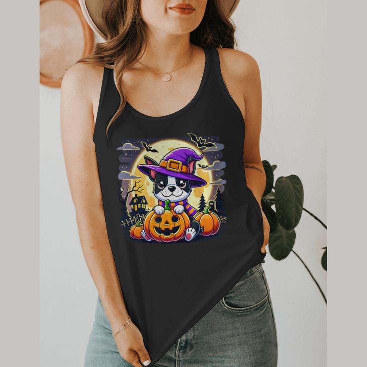 Halloween Boston Terrier Dog Breed With Jack O' Lantern Art Flowy Tank, funny design
