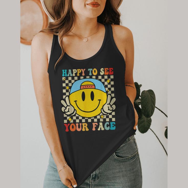 Happy To See Your Face Hippie Smile Back To School Teachers Flowy Tank, funny design