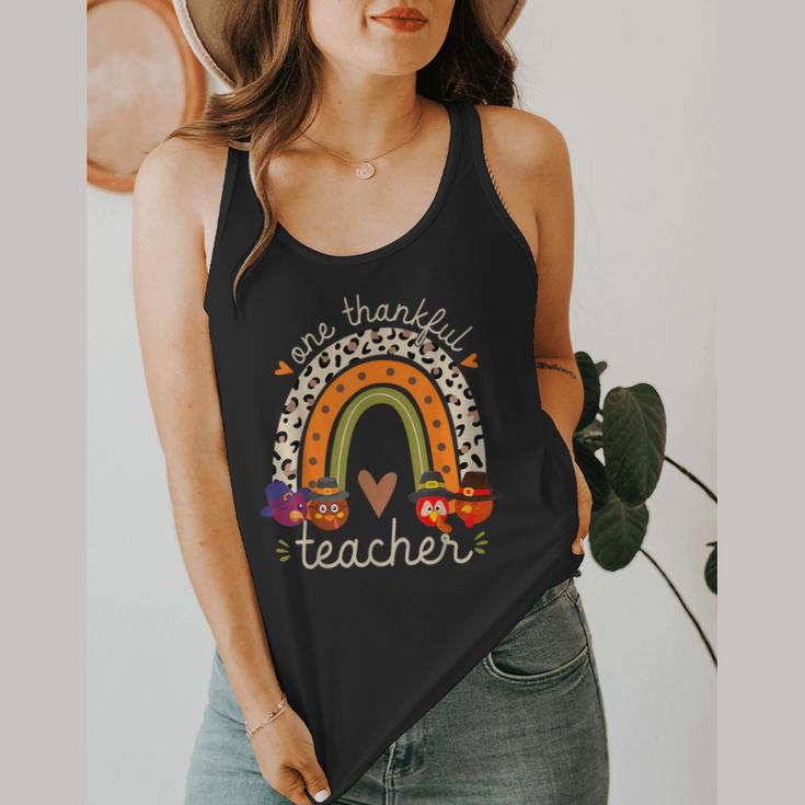 One Thankful Teacher Thanksgiving Turkey Rainbow Fall Flowy Tank, funny design