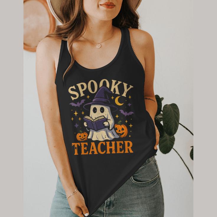 Spooky Teacher Halloween Cute Ghost Pumpkin Reading Women Flowy Tank, funny design