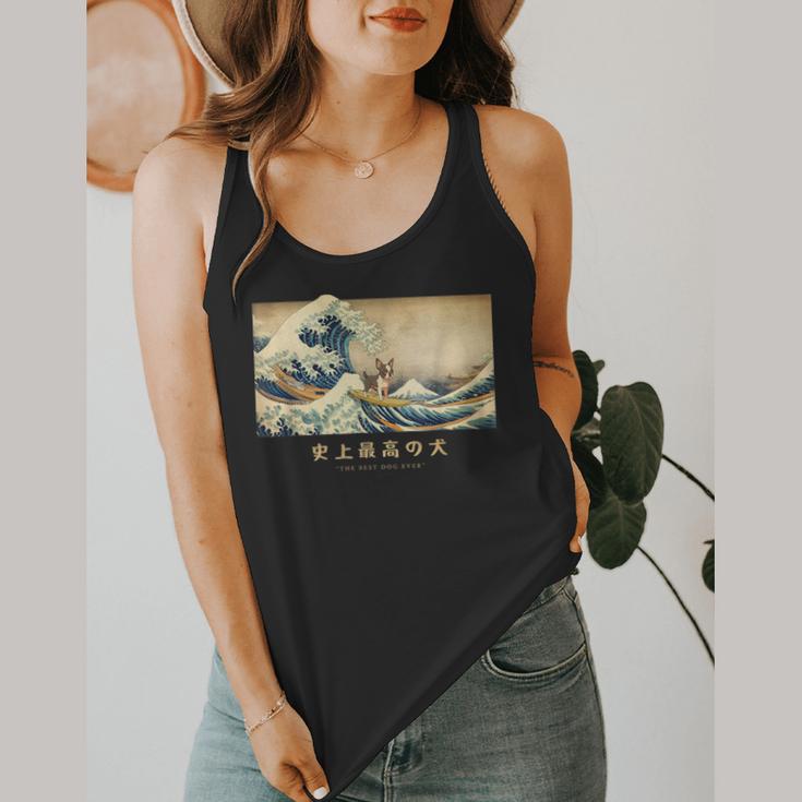 Surfing Boston Terrier Kanagawa Wave Japanese Dog For Men Women Kids Flowy Tank, funny design