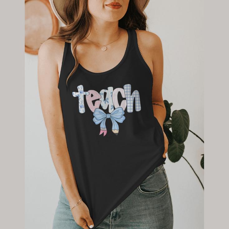 Teach Teacher Coquette Bow Pencil Back To School First Day Flowy Tank, funny design Teach Teacher Coquette Bow Pencil Back To School First Day Flowy Tank, funny design