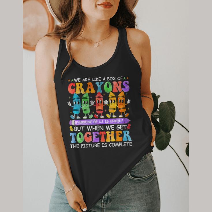 Teacher We Are Like A Box Of Crayons Back To School Men Women Kids Flowy Tank, funny design