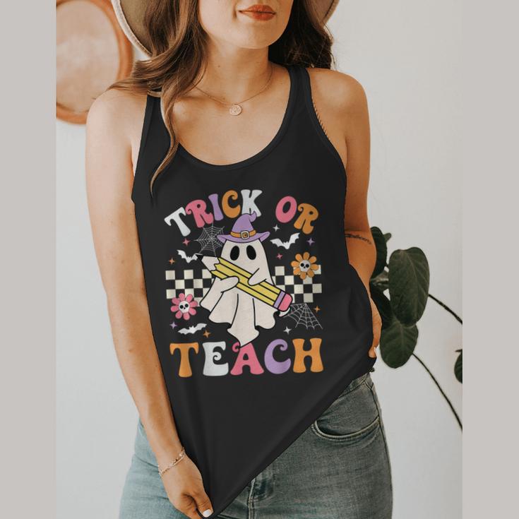 Trick Or Teach Groovy Teacher Halloween Retro Teacher Ghost Flowy Tank, funny design