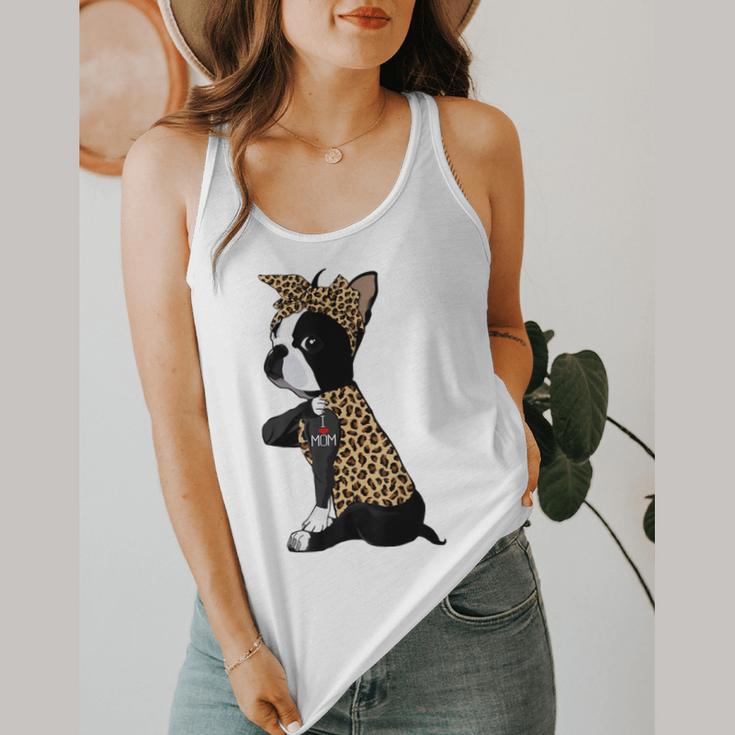 Boston Terrier Lover I Love Mom Tattoo Leopard Flowy Tank, funny design
