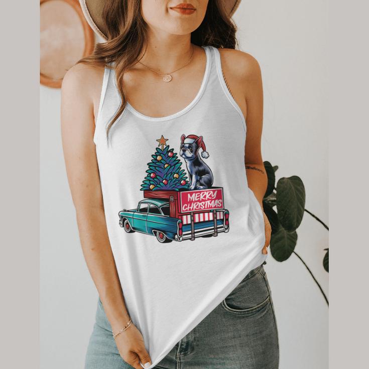 Boston Terrier Merry Christmas Tree Truck Santa Dog X-Mas Flowy Tank, funny design