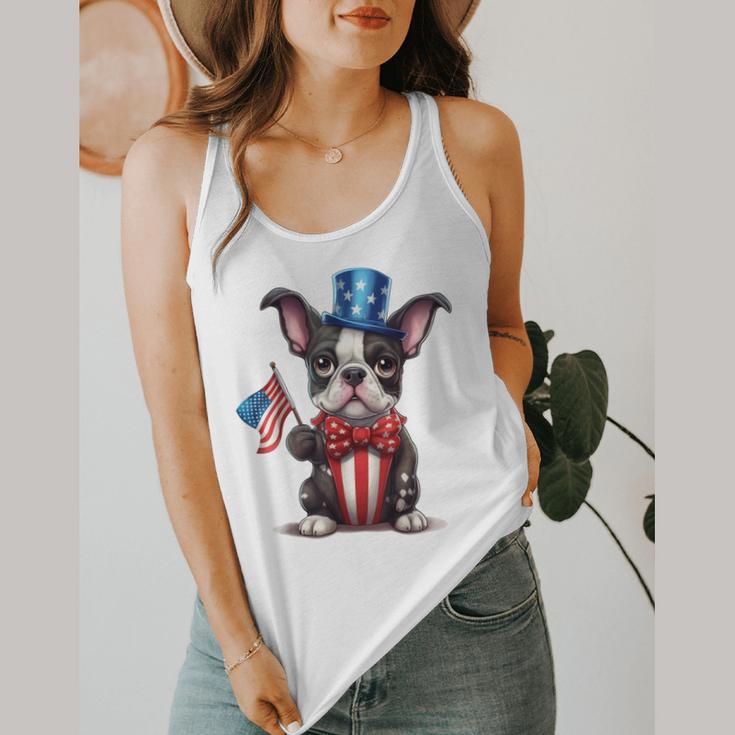 Boston Terrier Puppy Dog Holds His American Flag 4th Of July Flowy Tank, funny design