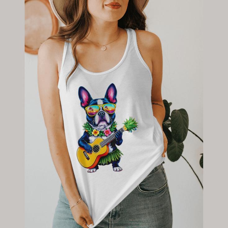 Hawaiian Boston Terrier & Pineapple Ukulele Summer Vacation Flowy Tank, funny design