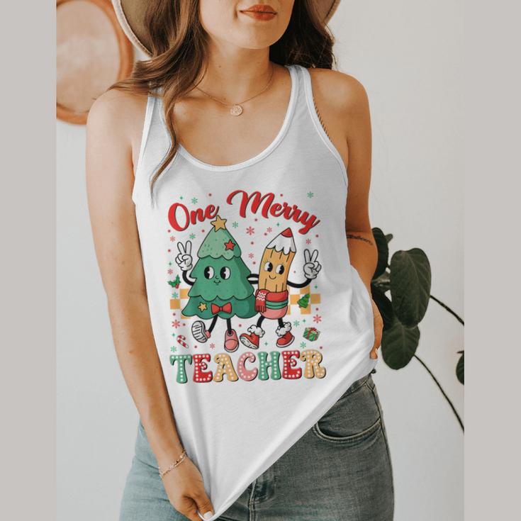 One Merry Teacher Groovy Christmas Tree Pjs Xmas Teacher Flowy Tank, funny design