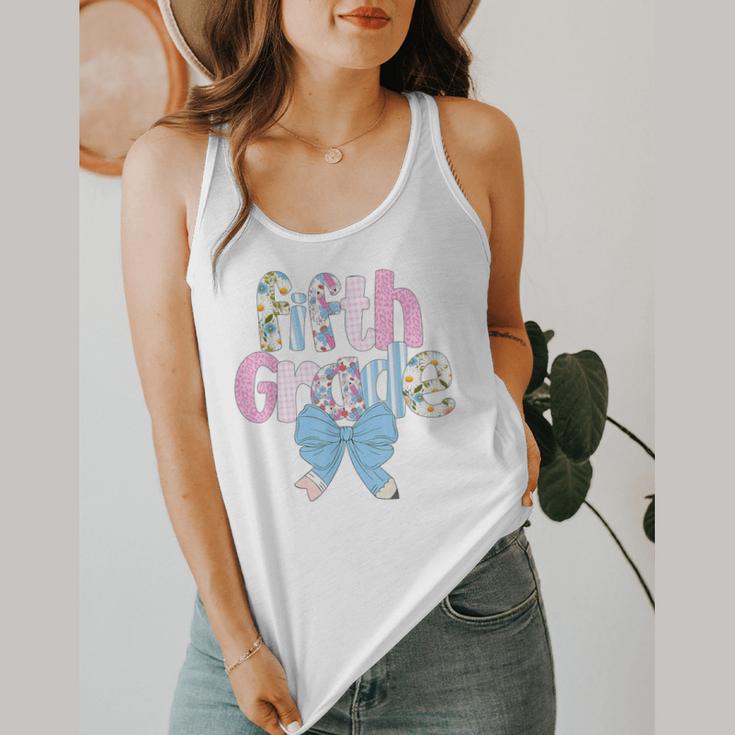 Preppy Fifth Grade Teacher Blue Floral Coquette Pencil Bow Flowy Tank, funny design Preppy Fifth Grade Teacher Blue Floral Coquette Pencil Bow Flowy Tank, funny design