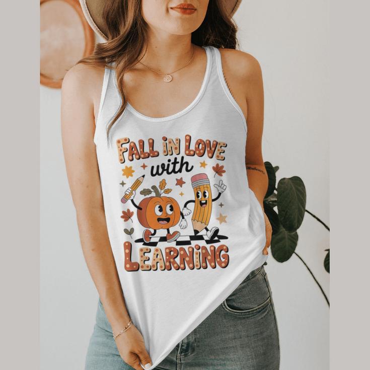 Retro Fall In Love With Learning Autumn Pumpkin Teacher Kids Flowy Tank, funny design