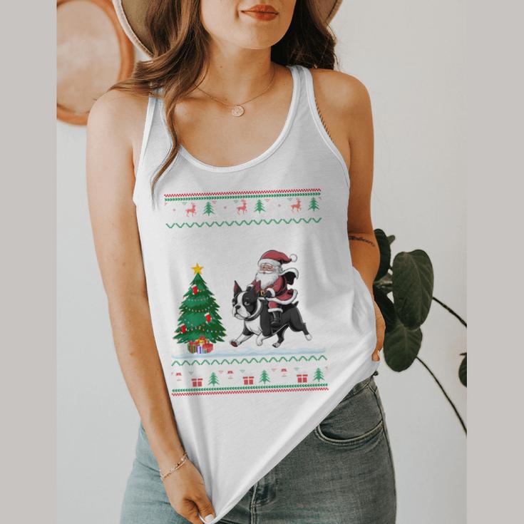 Ugly Christmas Tree Lights Xmas Santa Riding Boston Terrier Flowy Tank, funny design