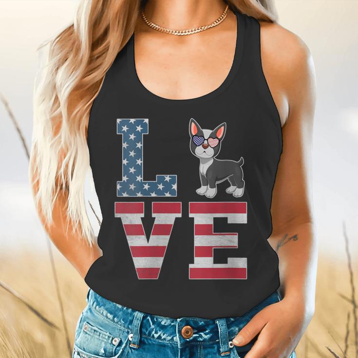 4th Of July Decor Patriotic LOVE Boston Terrier USA Flag Flowy Tank, gift for family, gift for coworker
