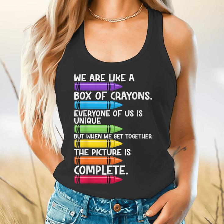 Back To School Teacher We Are Like A Box Of Crayons Flowy Tank, gift for family, gift for coworker Back To School Teacher We Are Like A Box Of Crayons Flowy Tank, gift for family, gift for coworker