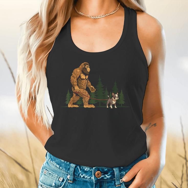 Boston Terrier Bigfoot Dog Walking Dog Mom Dad Kids Flowy Tank, gift for family, gift for coworker
