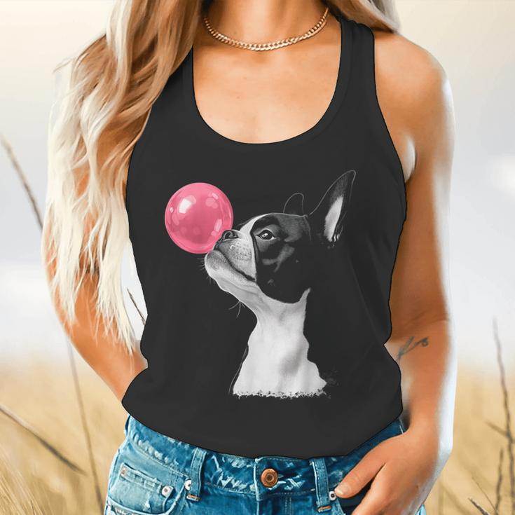 Boston Terrier Dog Blowing Chewing Bubble Gum Pink Flowy Tank, gift for family, gift for coworker