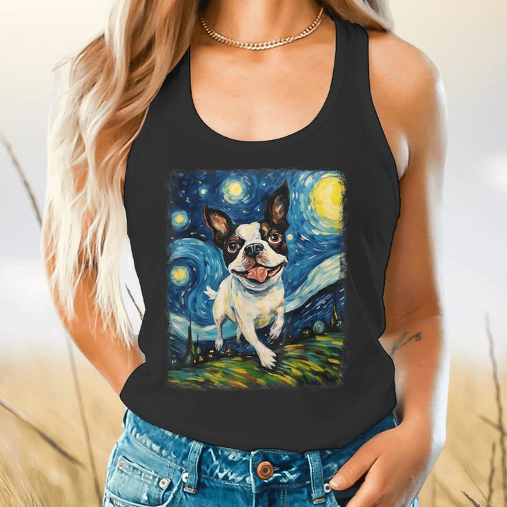 Boston Terrier Dog Starry Night Painting Flowy Tank, gift for family, gift for coworker