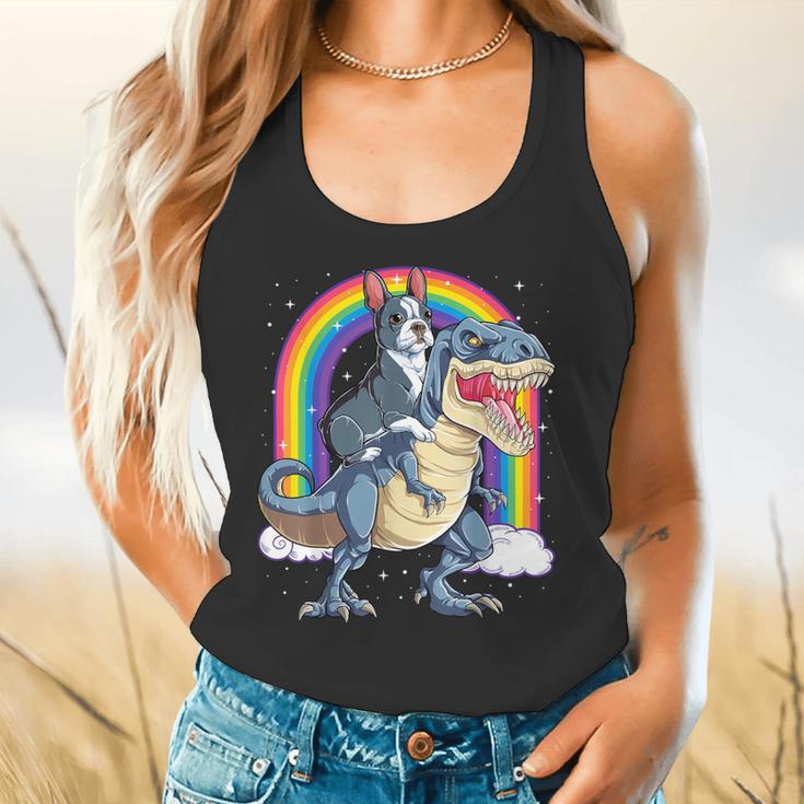 Boston Terrier Riding Dinosaur T-Rex Boys Kids Rainbow Flowy Tank, gift for family, gift for coworker