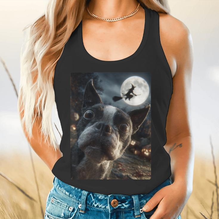 Boston Terrier Selfie Full Moon Flying Witch Halloween Dog Flowy Tank, gift for family, gift for coworker