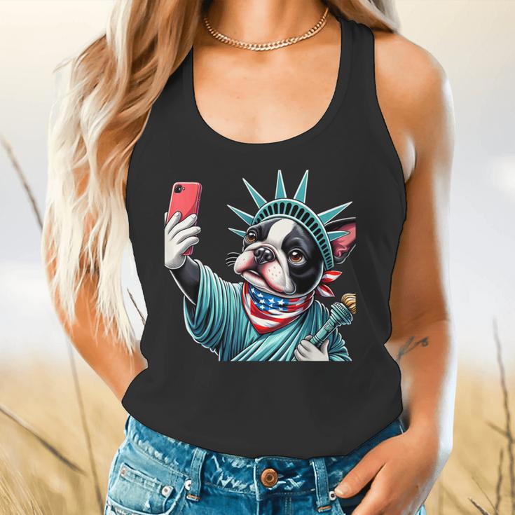 Boston Terrier Selfie Statue Of Liberty 4th Of July American Flowy Tank, gift for family, gift for coworker