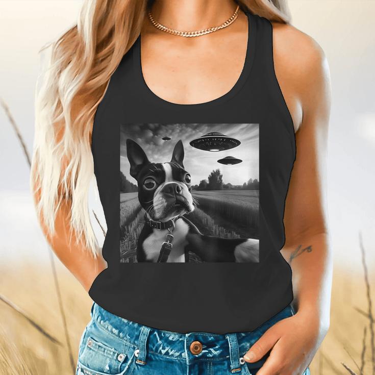 Boston Terrier Graphic Selfie With UFOs Weird Aliens Flowy Tank, gift for family, gift for coworker