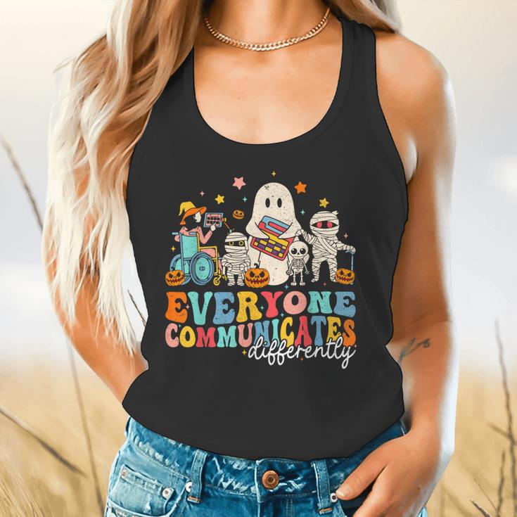 Everyone Communicates Differently Halloween SLP Sped Teacher Flowy Tank, gift for family, gift for coworker Everyone Communicates Differently Halloween SLP Sped Teacher Flowy Tank, gift for family, gift for coworker