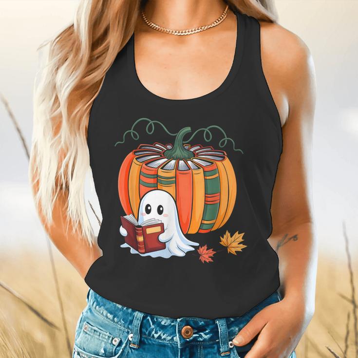 Fall Book Pumpkin Ghost Reading Books Halloween Teacher Flowy Tank, gift for family, gift for coworker